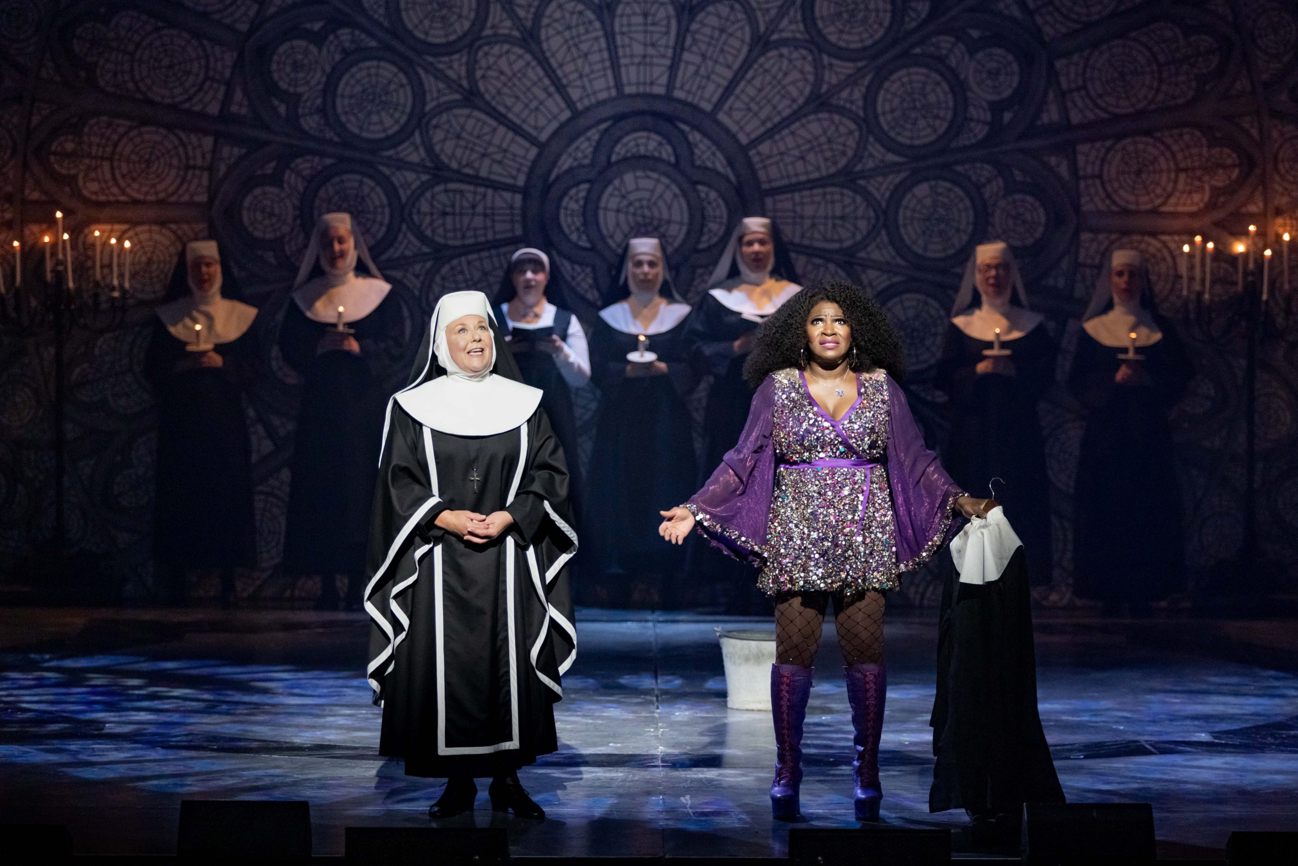 Wendi Peters and Landi Oshinowo in Sister Act the musical Royal and Derngate theatre Northampton