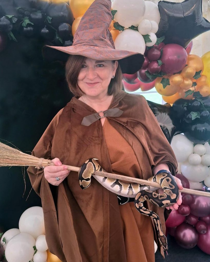 Juliet Timpson dressed as  a witch.