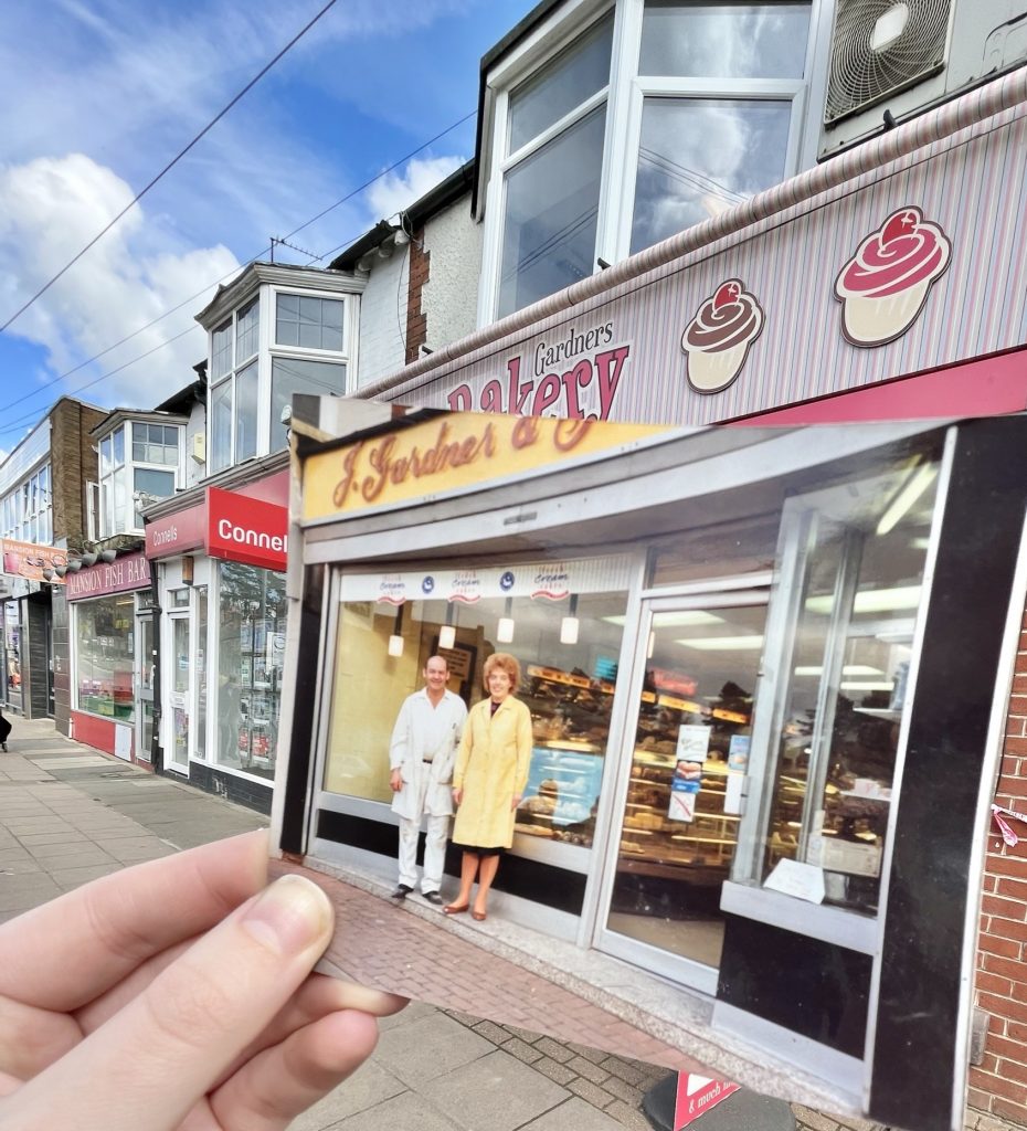 Two bakers stand outside Gardners Bakery