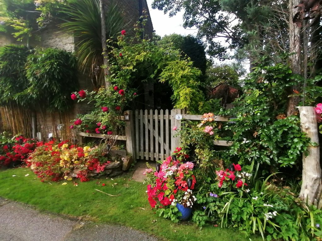 Pots of flowers outside a stone cottage in yardley Hastings