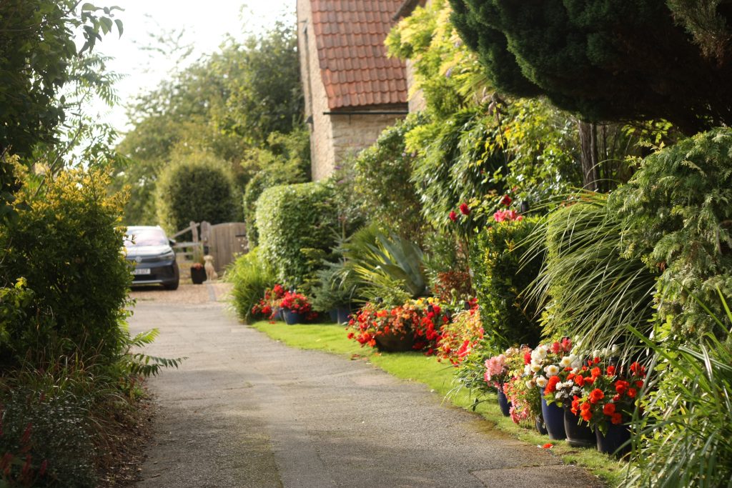 Blooms adorn a stone cottage in Yardley Hastings