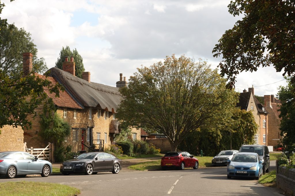 A street in Yardley Hastings with a great tree