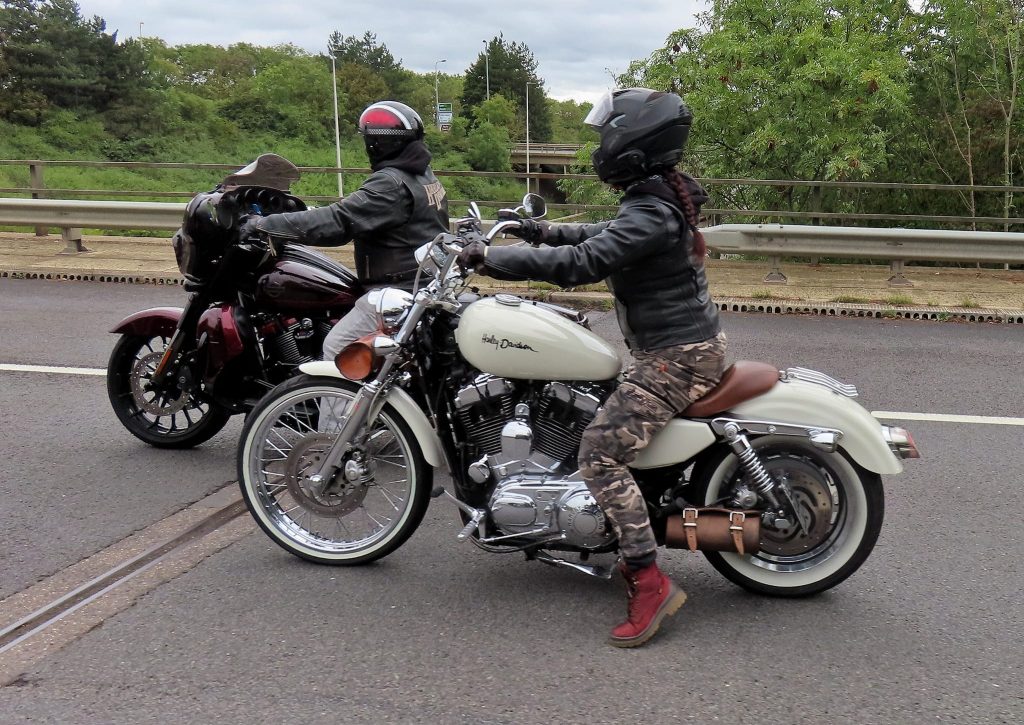 Two riders on Harley Davidson bikes.