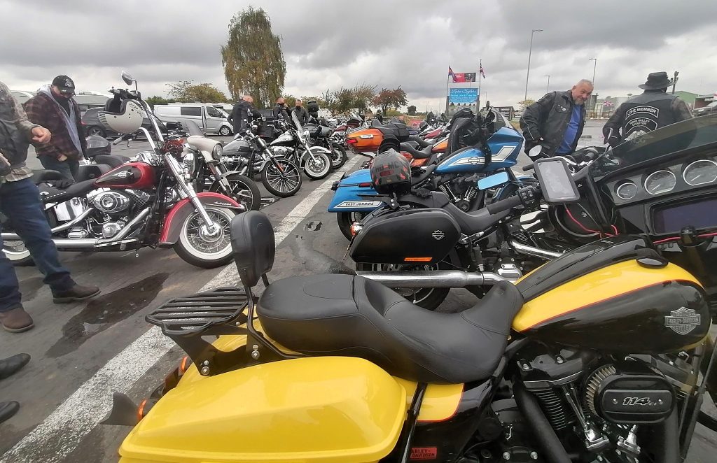 A pile of Harley Davidson bikes.