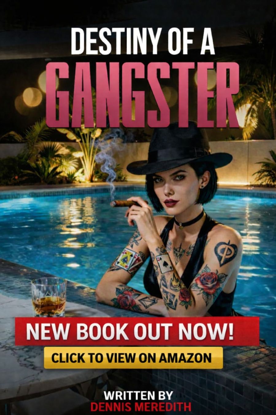 Destiny of a Gangster book cover with woman in pool with tattoos on arms and smoking a cigar. Glass of whisky on the rocks on side of pool.