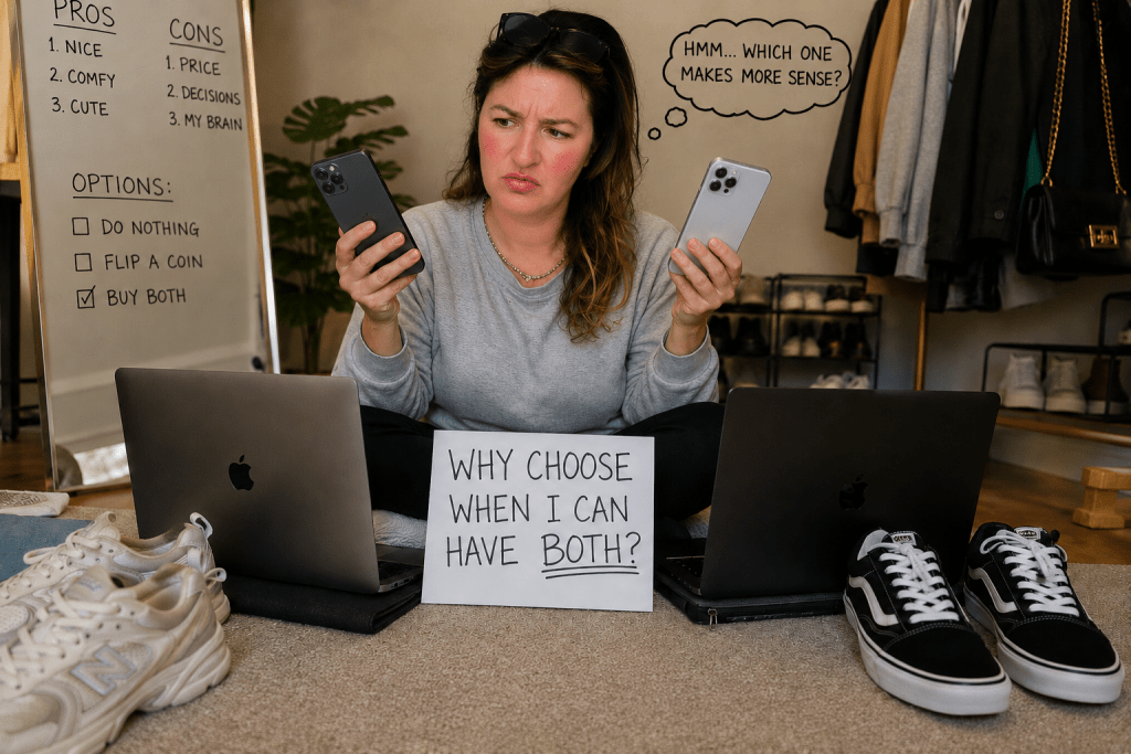 a lady deciding between two phones
